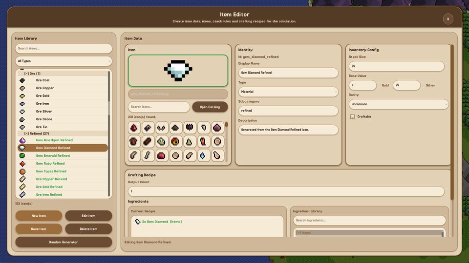 Item, recipe and crafting editors screenshot