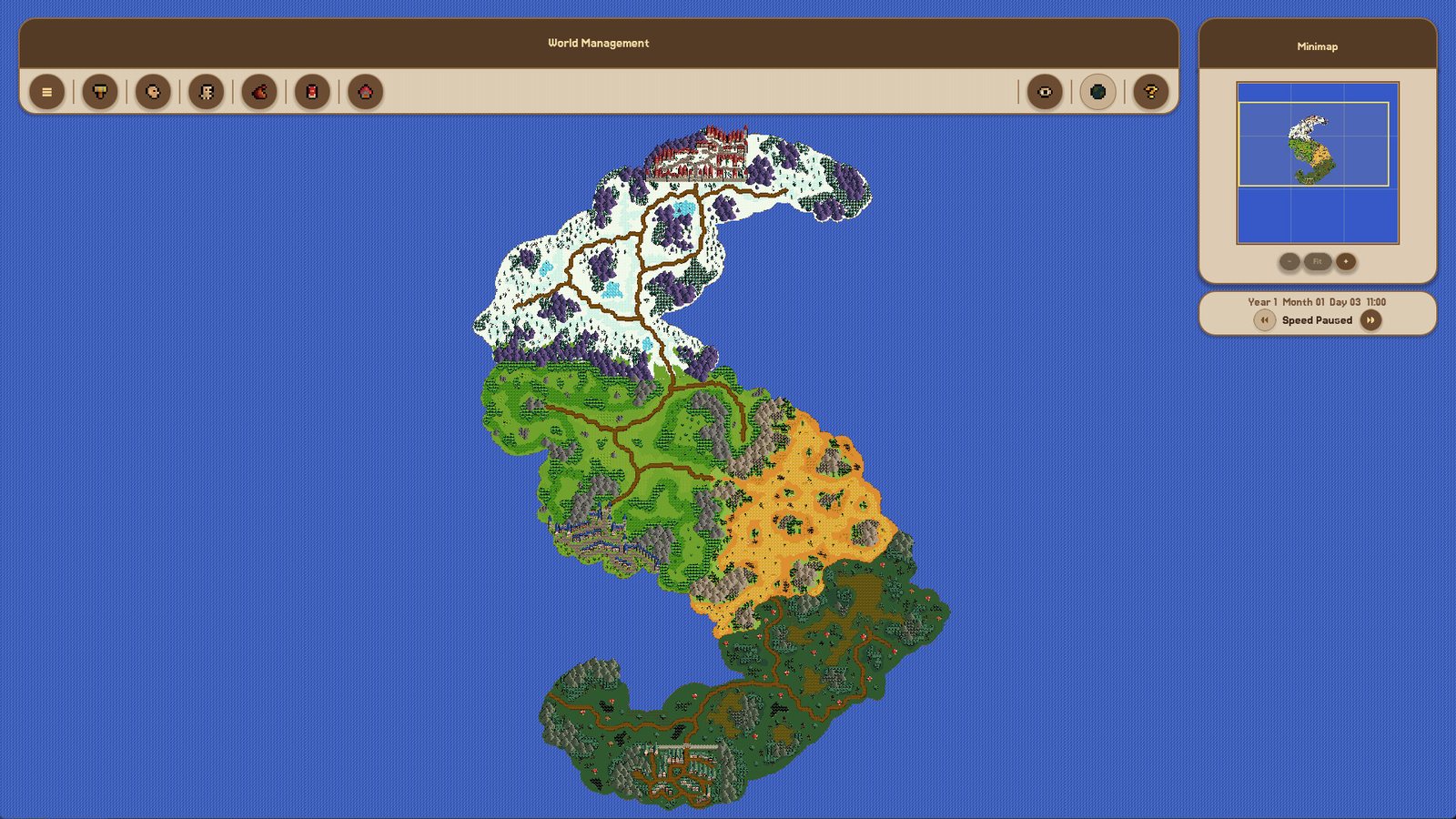 Fantasy World Manager world view with the in-game calendar and minimap