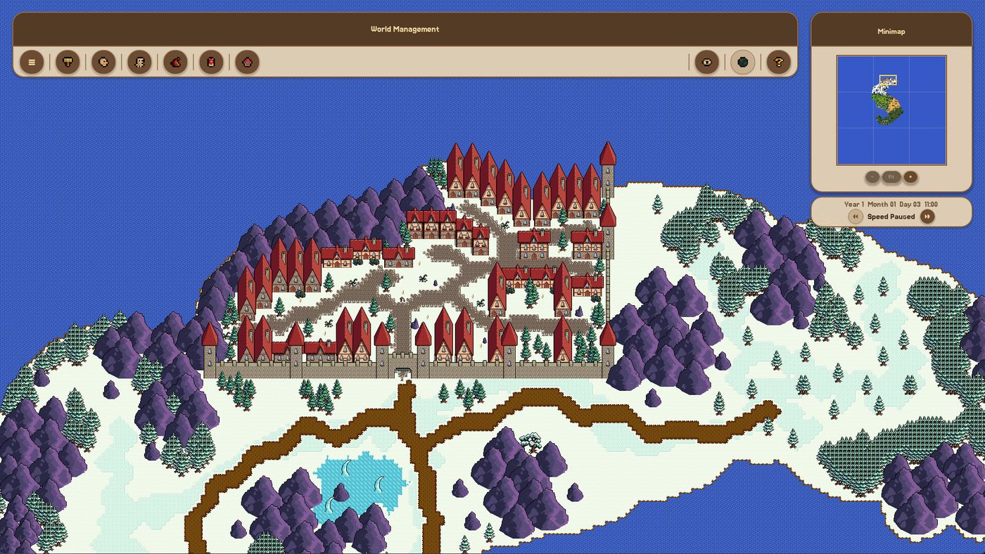 Fantasy World Manager world view with the minimap panel open